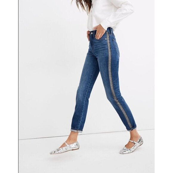 Madewell The Perfect Vintage Jean: Metallic Tuxedo Stripe Edition Blue Womens Si - Picture 1 of 12